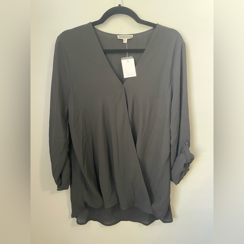 Pleione Black Cross Front Roll Tab Blouse Size XL